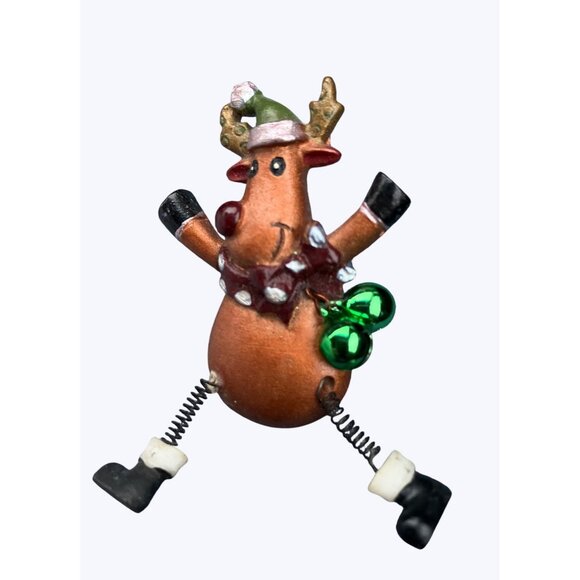 Reindeer Pin Christmas Brooch Spring Legs and Bell Accents Holiday Accessory - Picture 3 of 10